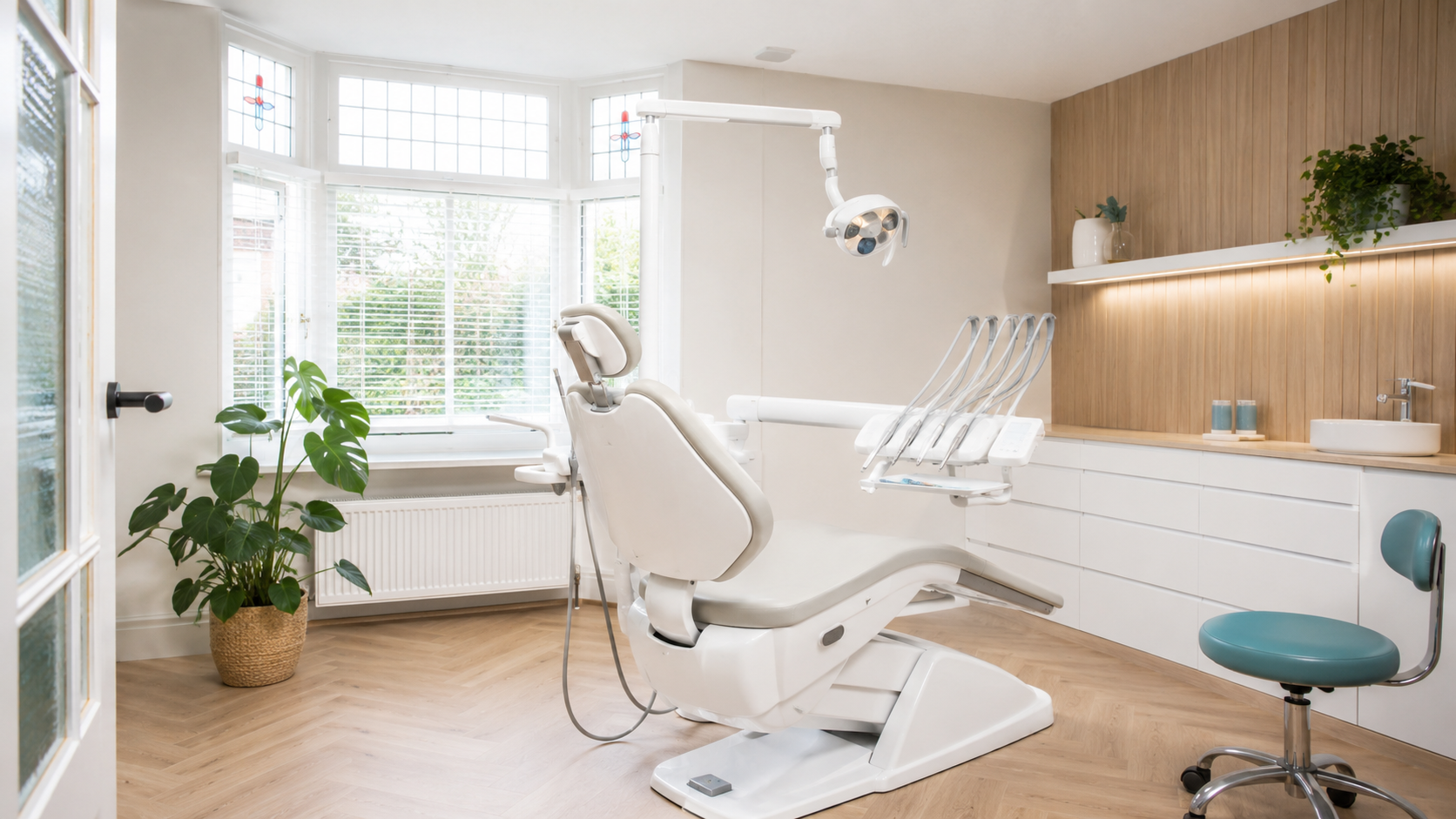 De lichte, moderne behandelkamer van Mondzorg Compleet met houten vloer en grote ramen